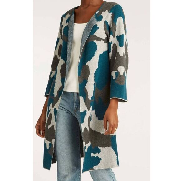 NWOT Indigenous Ink Blot 100% Organic Cotton Cardigan Sweater: Peru: Blue Camo - Picture 4 of 10